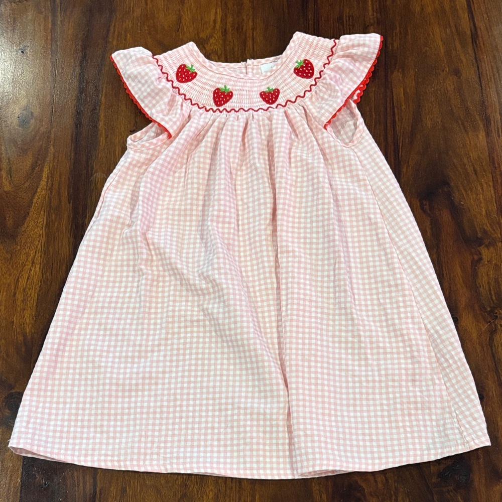 Girls 6 Pink and White Check Strawberry Smocked Dress with Red Ricrac Sleeves